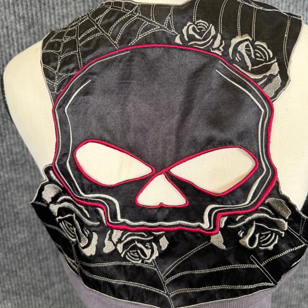 Harley-Davidson Tank Top Womens M Gray Pink Willie G Skull Spiderweb Cutout Y2K - Picture 13 of 13